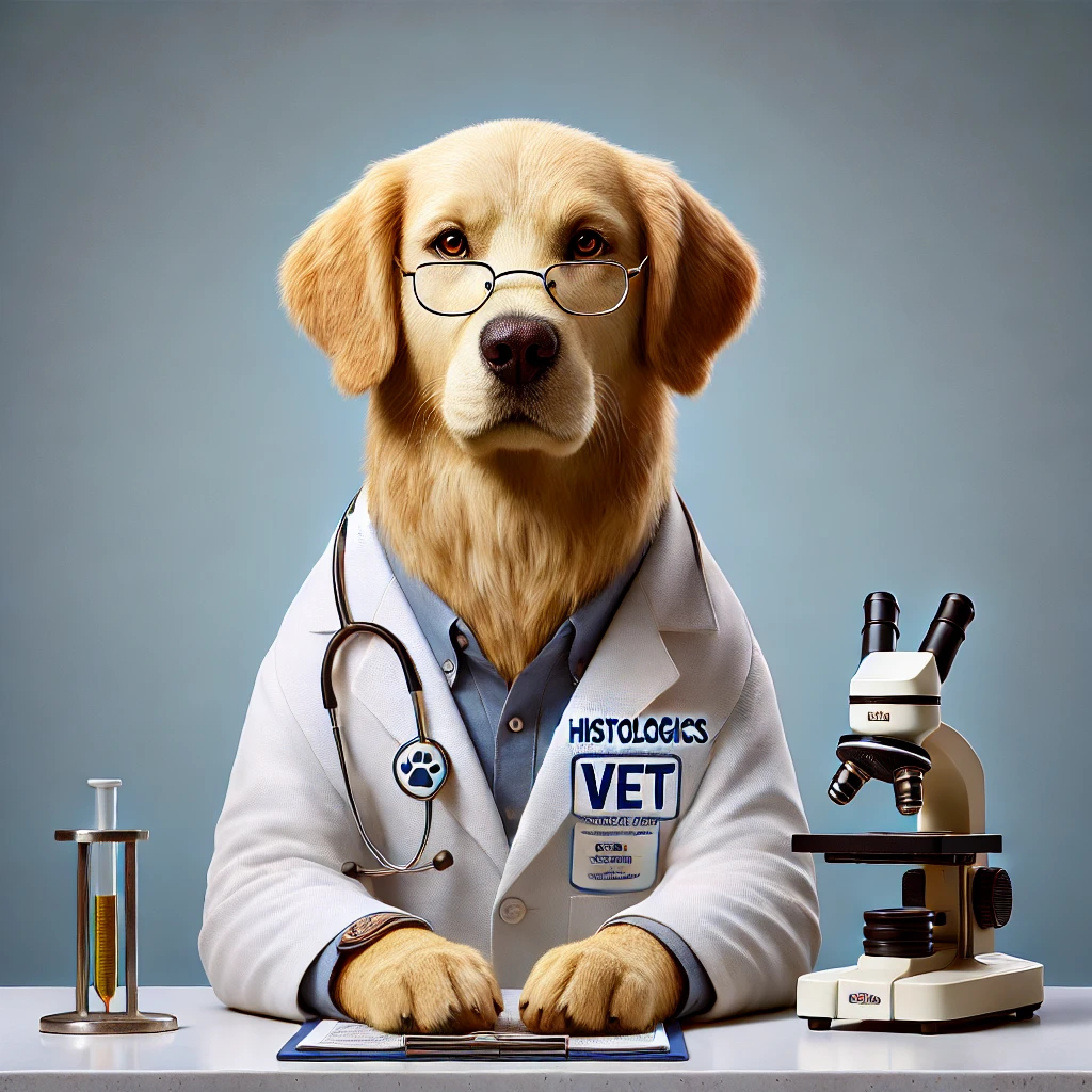 DALLE 2025 02 12 13.58.51 A highly realistic golden retriever mascot named Dr. Barkley wearing a white veterinarians coat with the Histologics Vet logo badge on the chest. 
